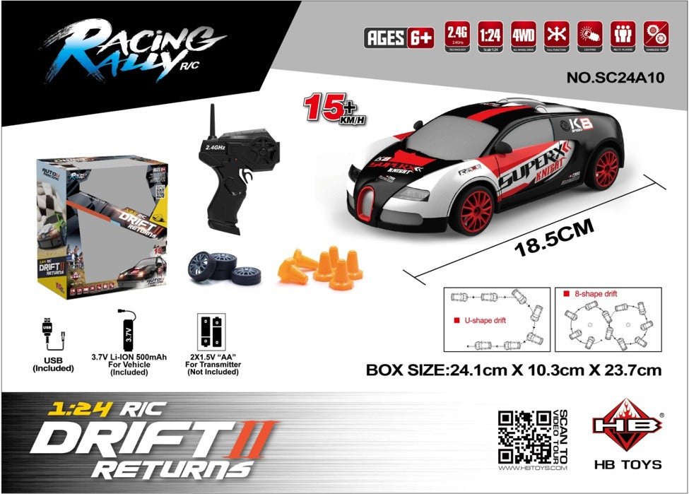 سيارة دريفت RC Racing Rally سوداء وحمراء مع ريموت وأقماع لعب