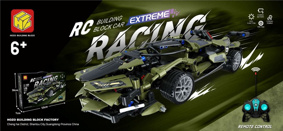 سيارة سباق خضراء من مكعبات التركيب RC Extreme Racing مع ريموت