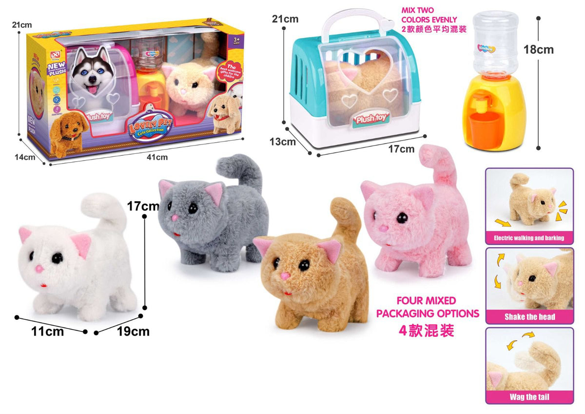 Lovely Pet Electric Walking Plush Cat with Carry Case and Water Dispenser