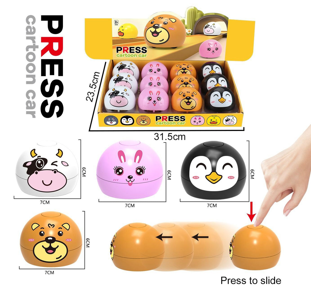 Press Cartoon Car Animal Press and Go Toy